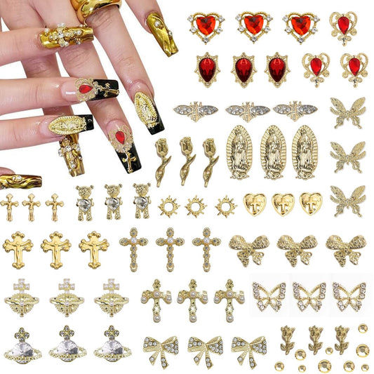 80+ Pcs Golden Nail Charms with Nail Art Rhinestones Gold Cross Virgin Mary and Rose Nail Gems for Acrylic Nails Accessories for Women Nail Decorations Manicure Craft DIY Supplies