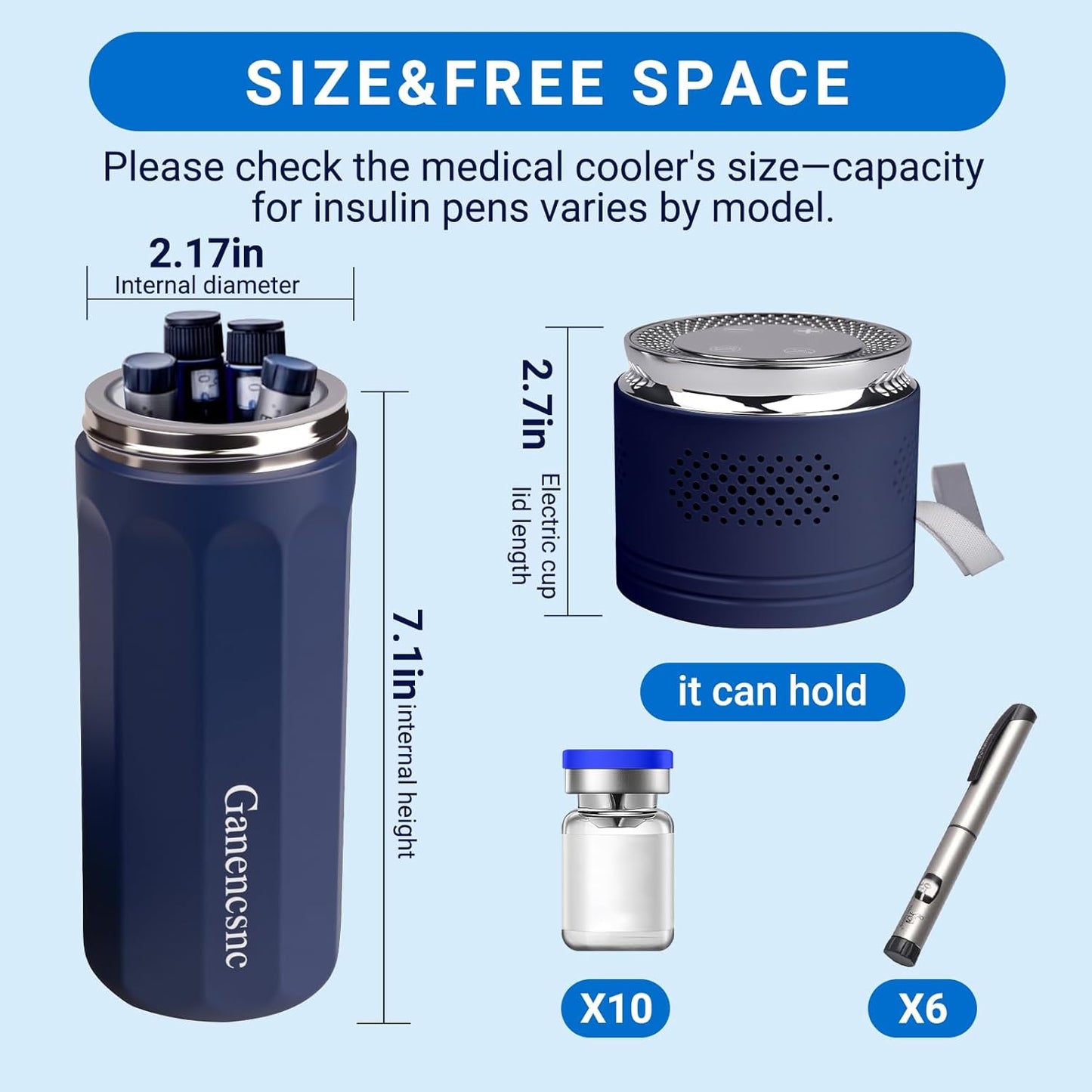 Electric Insulin Cooler Travel Case TSA Approved，USB Type-C Smart Cooling, 10000mAh Power Bank ，Large Capacity Medication Cooler for Travel ，Medical Cooler for Insulin (Blue, no Power Bank)