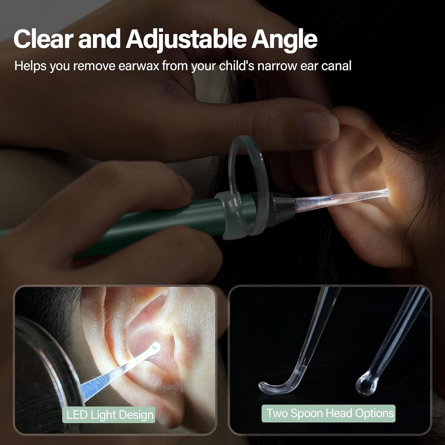 POZILAN Ear Cleaning Kit with LED Light - 15 Pack Ear Wax Removal Kit for Kids and Adults, Earwax Spoon Digger & Tweezers for Ear Cleaning Tool Present Set（Green）