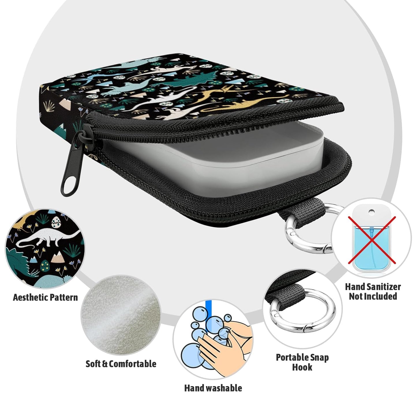 Cute Dinosaur Hand Sanitizer Spray Case, Hand Sanitizer Holder Zippered Pouch, Fashion Accessory with Snap Hook for Glow Mist and Power Mist 1FL OZ