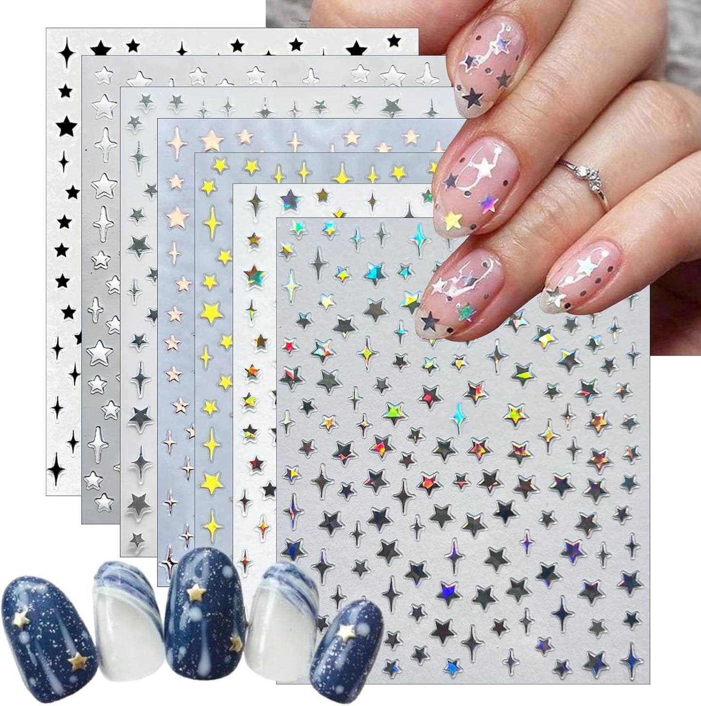 7Sheets Star Nail Art Stickers Decals 3D Self-Adhesive Shiny Black White Rose Gold Stars Nail Decals Holographic Laser Gold Silver Glitter Star Nail Design for Acrylic Manicure DIY Women Nail Decor