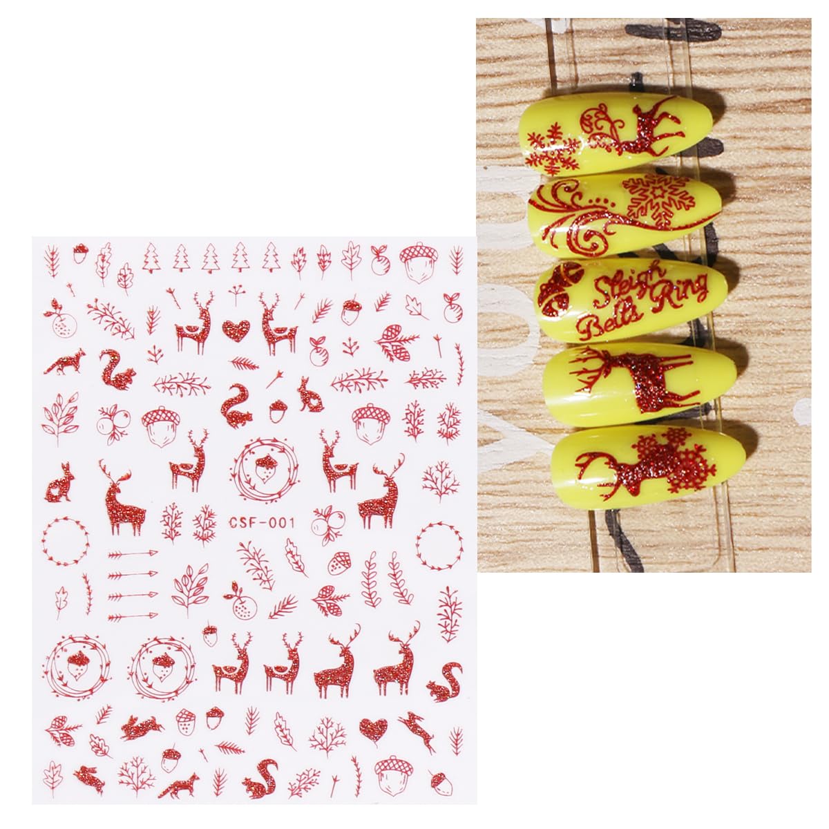 JMEOWIO 9 Sheets Christmas Glitter Nail Art Stickers Decals Self-Adhesive Red Nail Supplies Nail Art Design Decoration Accessories