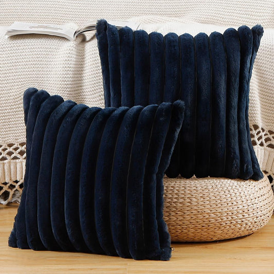 MADIZZ Set of 2 Faux Wool Plush Decorative Throw Pillow Covers 26x26 Inch Dark Blue Fluffy Striped Soft Decorative Cushion Cover for Sofa Bedroom Pillow Shell