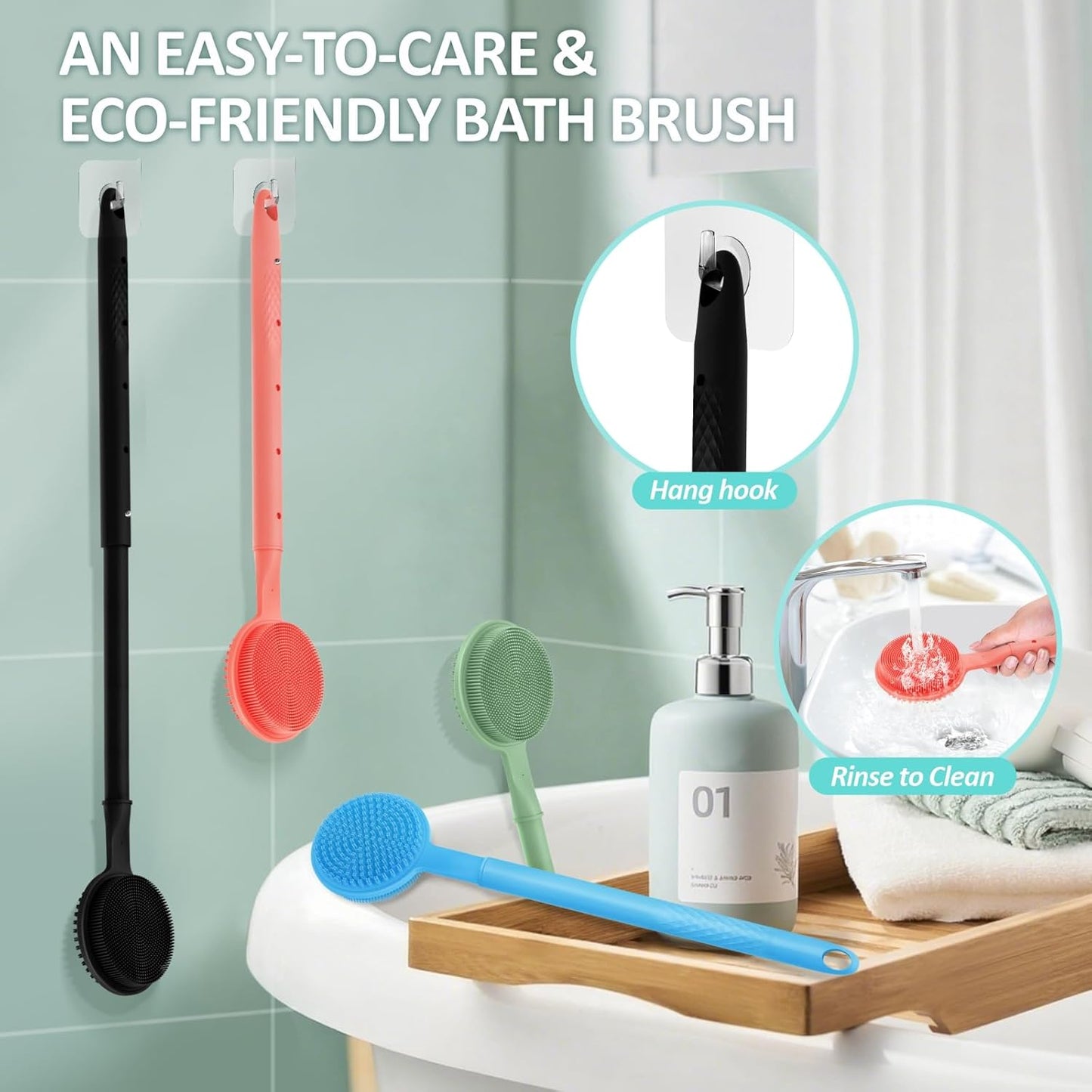 Adjustable Silicone Back Scrubber for Shower, 16''- 24'' Extendable Shower Back Scrubber for Rich Foam, 5-Length Back Brush Bath Brush with Dual-Side Head and Super-Lathering Bristles(Blue)