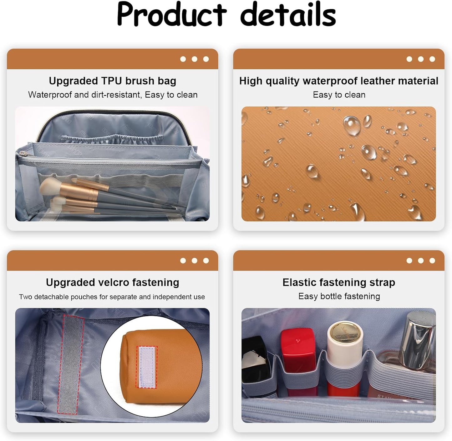 BOYATU Travel Makeup Bags for Women: Vegan Leather Cosmetic Bag Set of 3 - Large Capacity Make up Bag with Divider - Wide Open Waterproof Toiletry Organizer Bag with Handle (05-Brown)