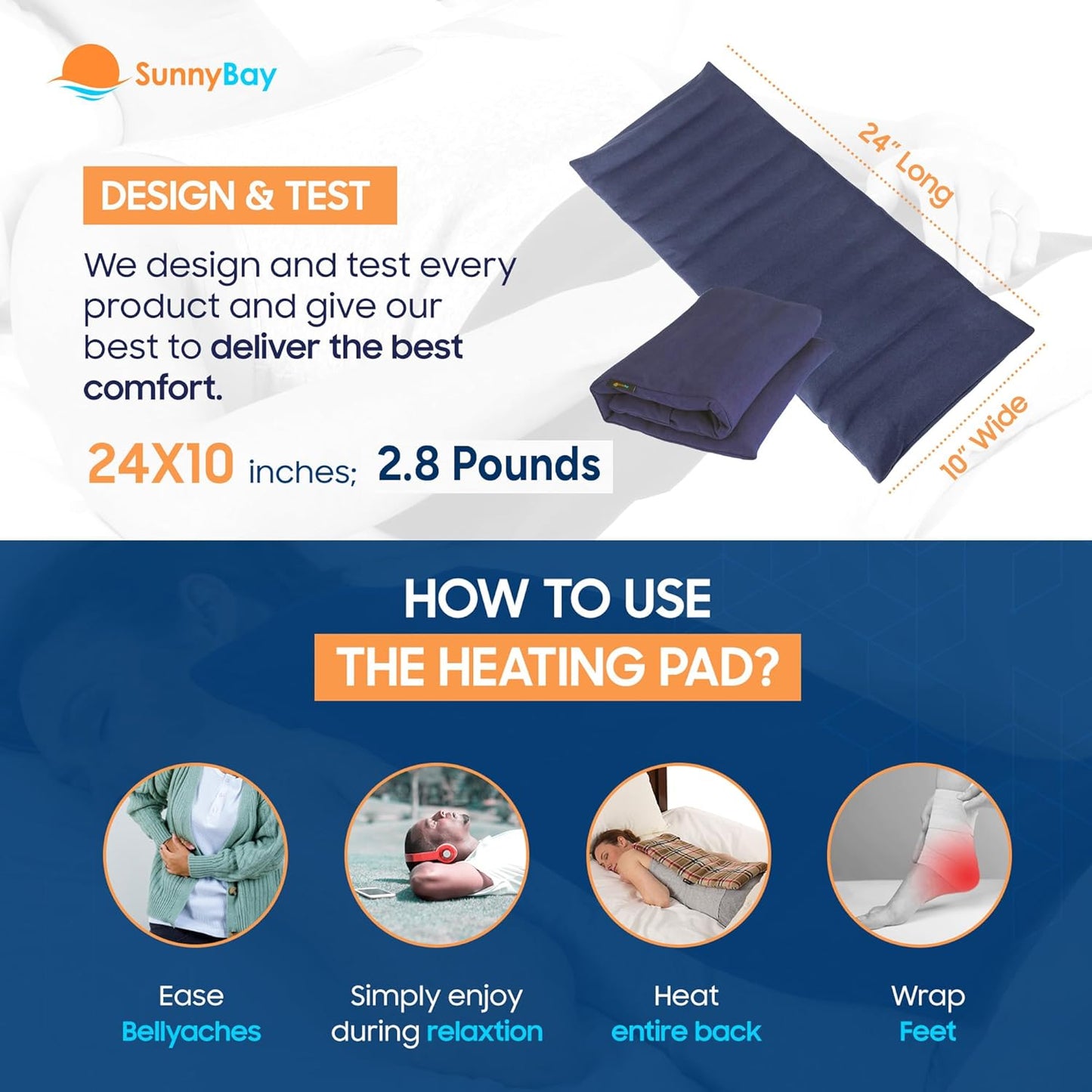 SunnyBay Extra Large Microwave Heating Pad, Microwavable Heavy Weighted Full Body Moist Hot or Cold Pack and Washable Fleece Cover, 10x24 Inches, FSA HSA Eligible, 2.8 lbs, Made in USA, Navy Blue