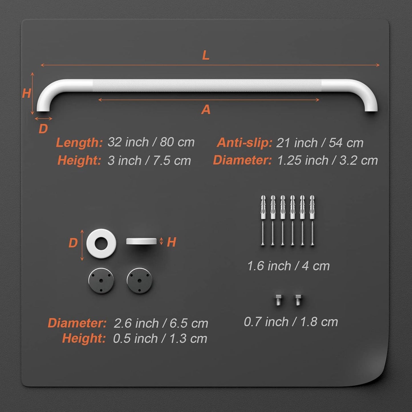 2 Pack White Grab Bars 32 Inch, 1.25" Diameter Anti Slip Bathroom Grab Bar w/Knurled Grip, Handicap Grab Bar for Wall, Shower Handle Safety Handrail for Senior