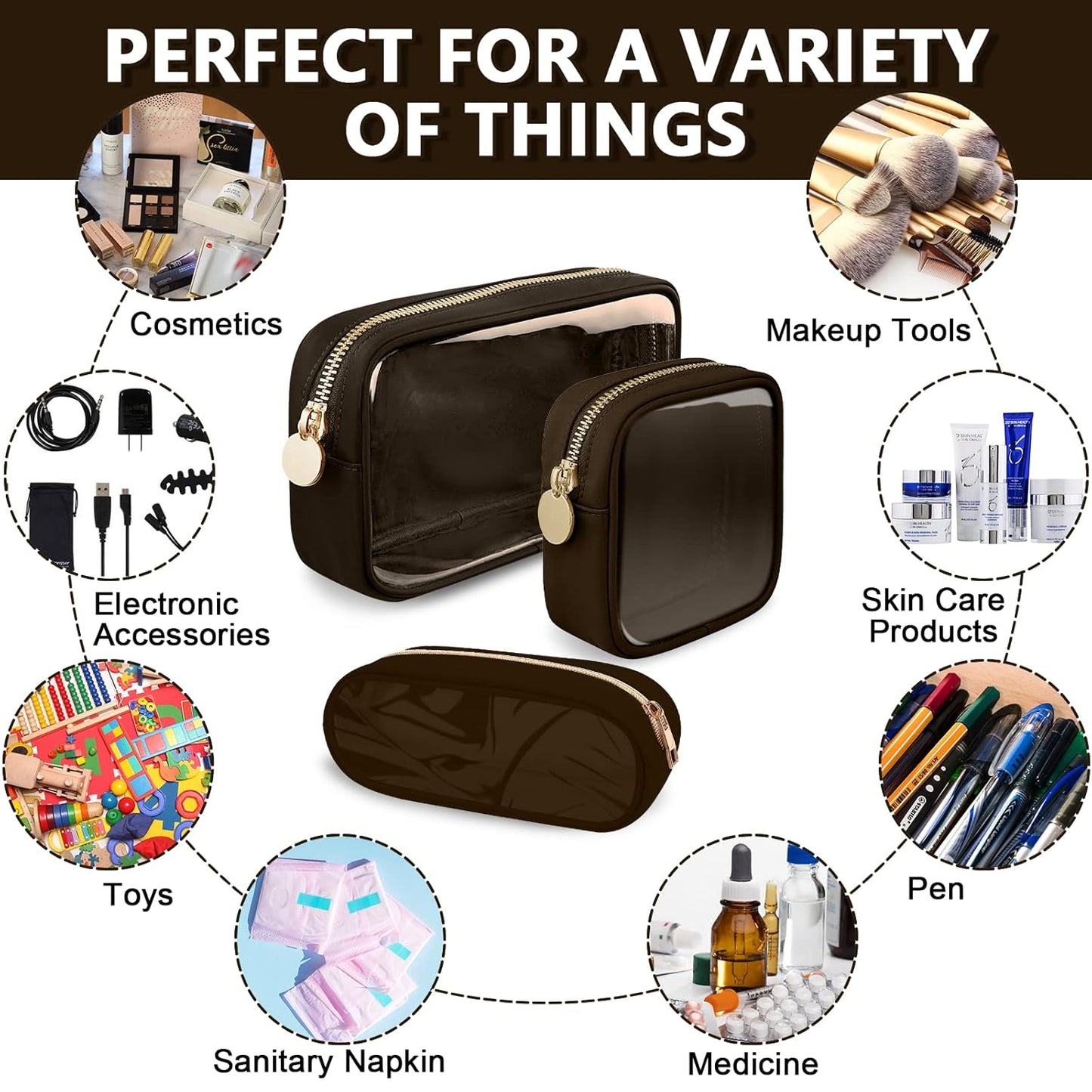 Clear Mini Makeup Bag for Purse, Small Nylon&PVC Cosmetic Travel Bag TSA Approved Toiletry Bag with Zipper, Preppy Transparent Makeup Travel Bag Coin Purse for Women Men Girls(Mini-Chocolate)