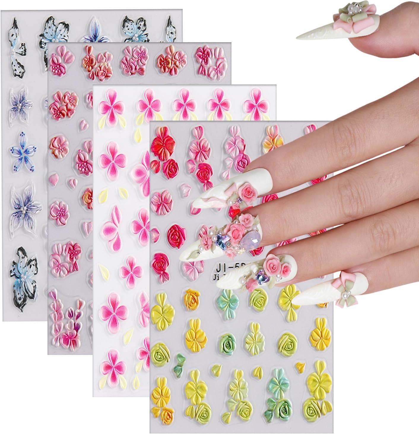 4 Sheets 5D Flower Nail Art Sticker Stereoscopic Floral Self-Adhesive Nails Stickers Blossom Nail Art Decals Holographic Flowers Decal for Women Pink Blue Red Manicure Stickers DIY Nails Supplies