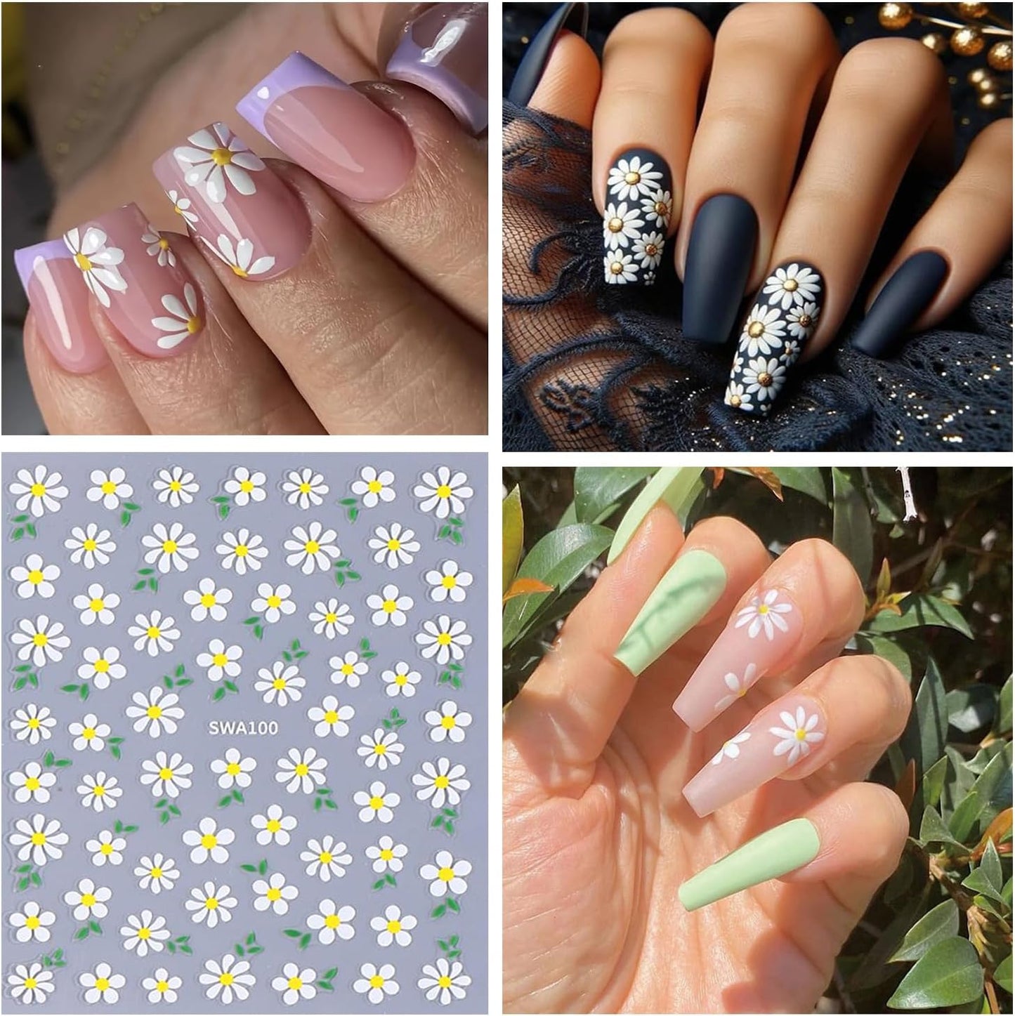 6 Sheets Flower Nail Art Stickers Daisy Nail Art Decals 3D Self-Adhesive Spring Nails Sticker Holographic Pink Blue White Blossom Nails Decal Decoration for Women Floral Manicure Supplies