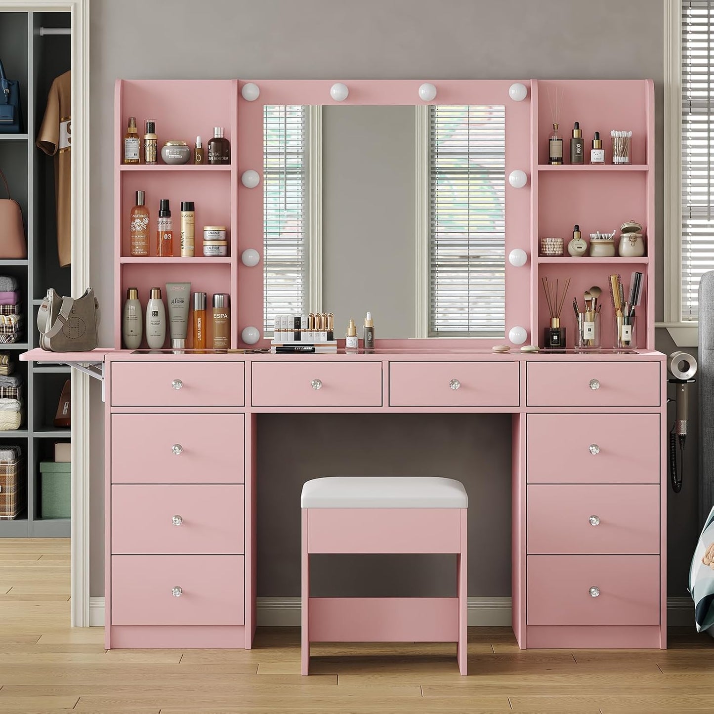 Vanity with Mirror and LED Lights,Vanity Desk with Power Outlet, Makeup Vanity with Drawers and 2 Cabinets, Fold-up Panel, Glass Top Vanity Table with Chair for Bedroom (10 Drawers, Pink)