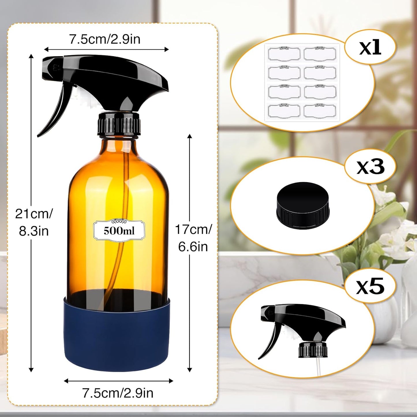 3 Pack/16 Oz Glass Spray Bottles, Refillable Empty Containers with Silicone Sleeve, Upgraded Adjustable Nozzle Spray Bottle Sets for Cleaning, Essential Oils, Hair (Amber)