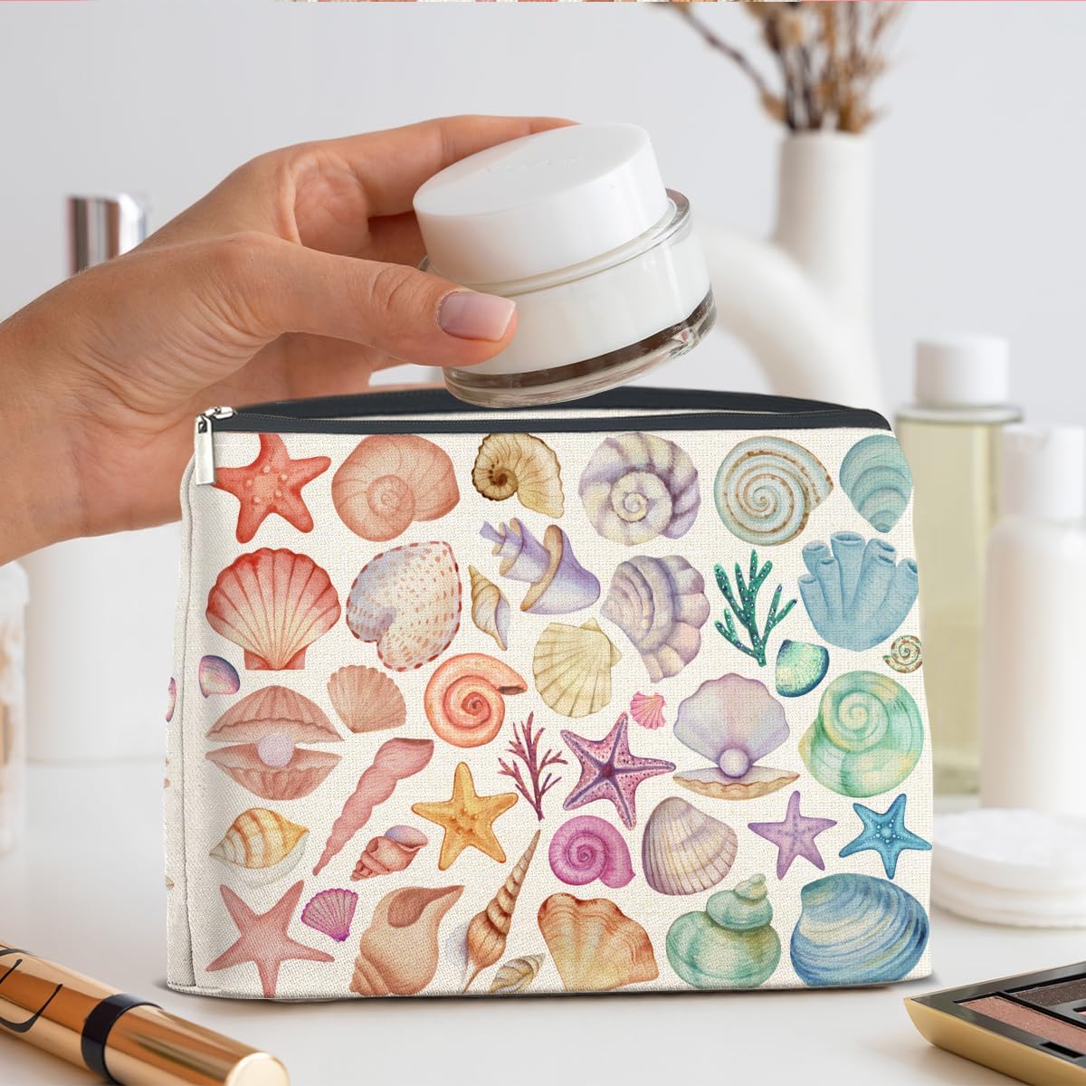 Colorful Ocean Seashell Starfish Makeup Bag Gifts for Women Beach Themed Seashell Cosmetic Bag Zipper Pouch