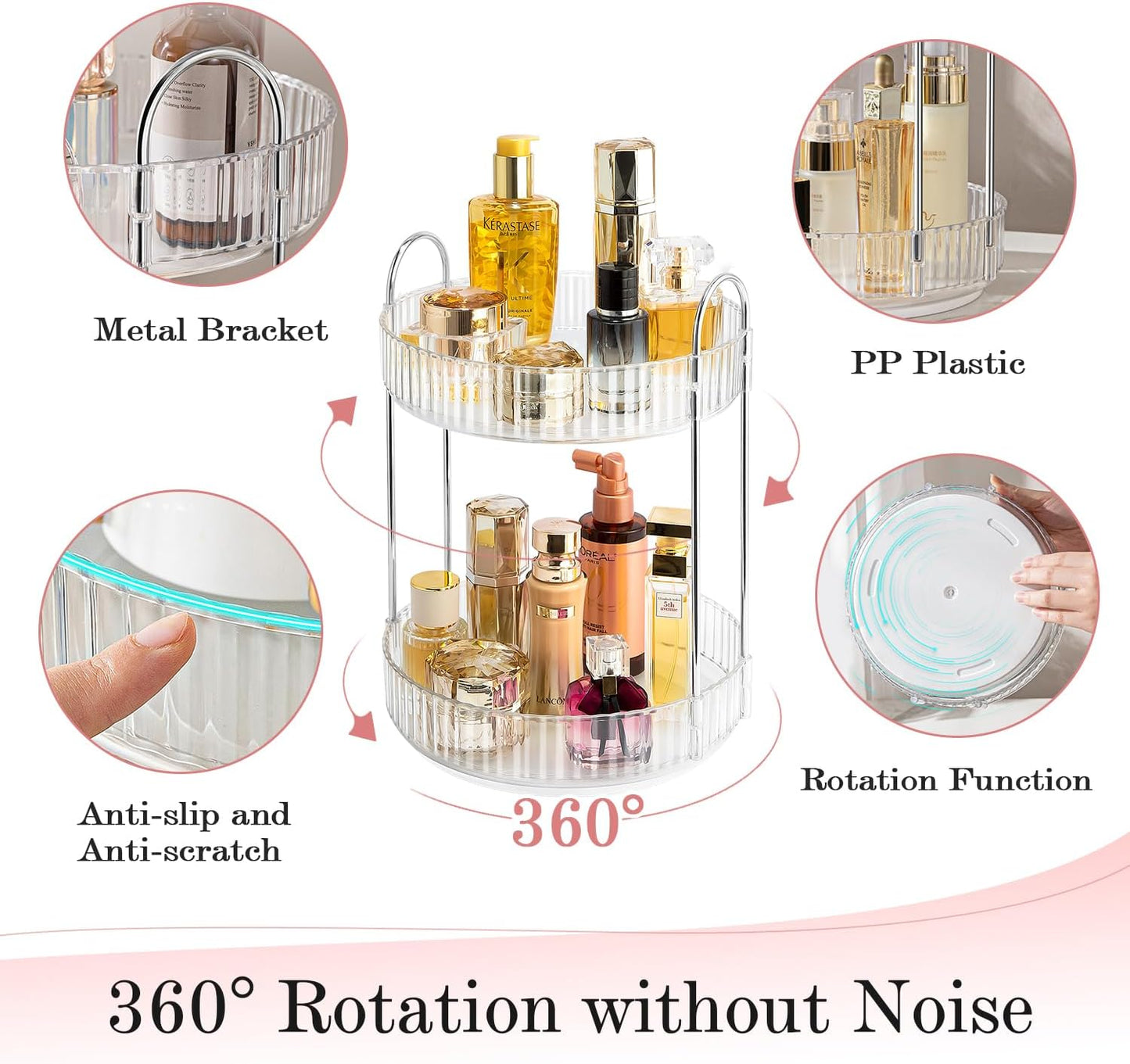 Rotating Makeup Organizer, 360° Spinning Makeup Storage Holder Rack, Dresser Bathroom Organizer Countertop, Large Capacity Perfume Skincare Lipstick Organizer for Vanity.(2 Tiers, Transparent)