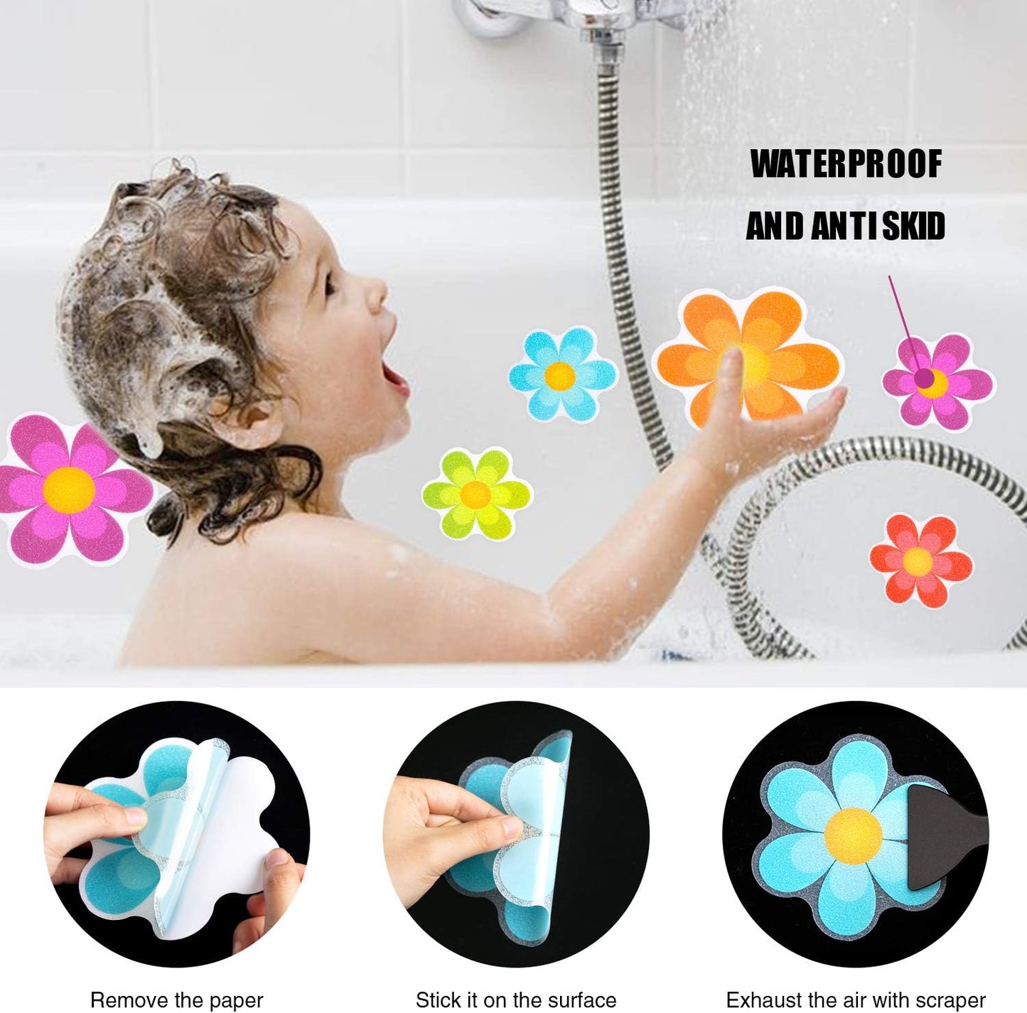 20 PCS Original Non Slip Bathtub Stickers, Shower Floor Non Slip Stickers Bright Flowers Appliques with Premium Scraper