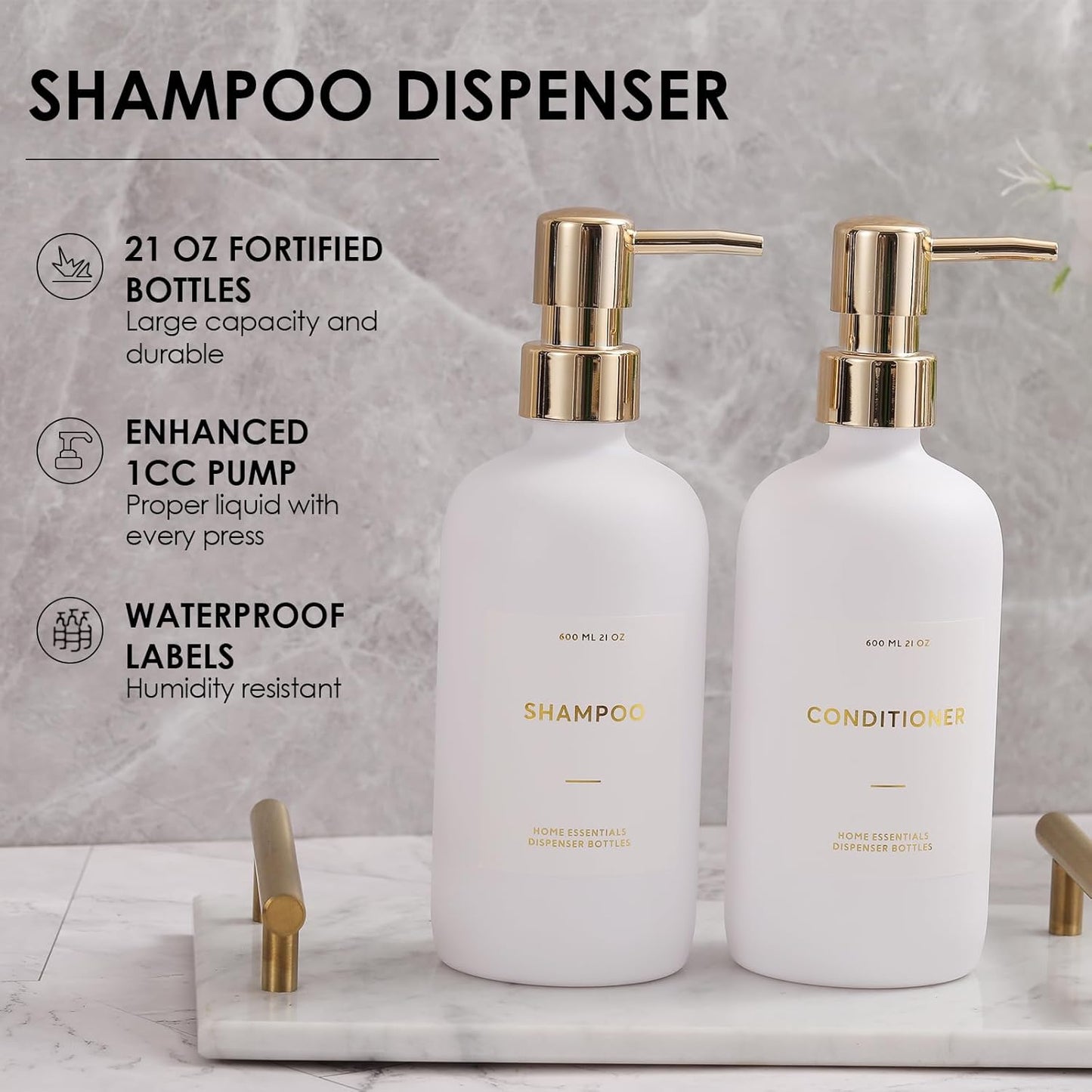 HOMCDALY Shampoo and Conditioner Dispenser, 21oz 3-Pack Refillable Pump Bottles, Shampoo Container, Empty Pump Bottle, Bathroom Shower Dispenser（21oz-White&Gold）