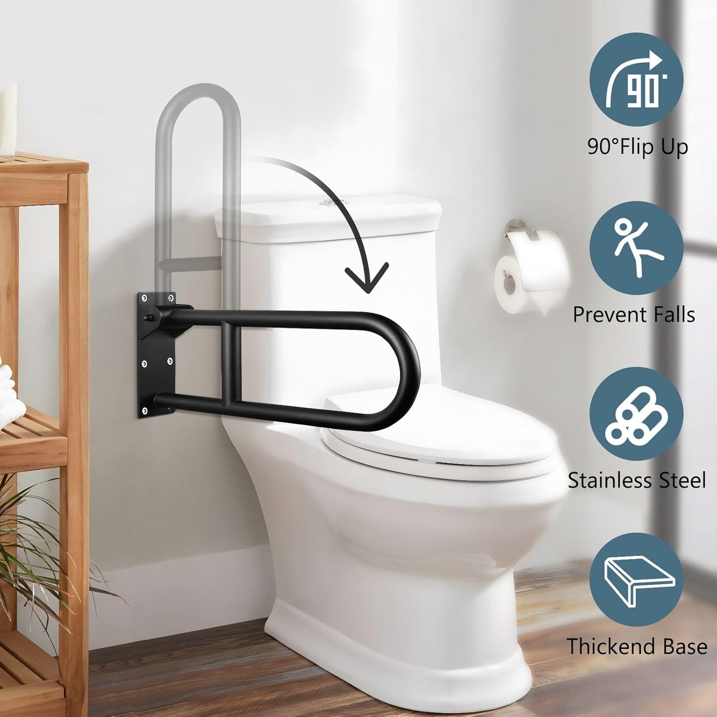 23.6 INCH Stainless Toilet Safety Rails, Matte Black Handicap Grab Bars for Elderly, Disabled Flip-Up Bathroom Grab Bar, Toilet Handrails Hand Grips Handle Shower Assist Aid