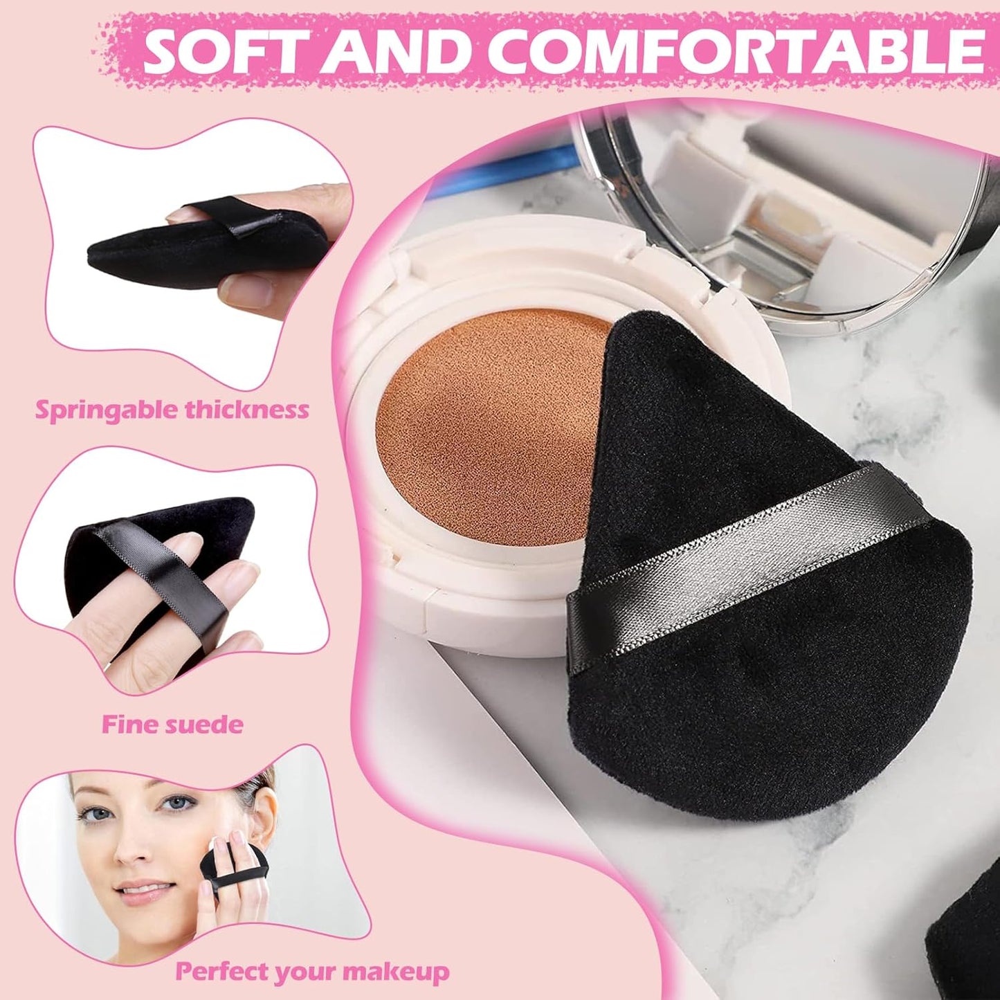 6 Pieces Powder Puff Face Triangle Powder Puff Soft Velour Makeup Puff Velour Puffs for Face Wet and Dry Cosmetic Foundation,Body Powder Blender Loose Mineral Powder Makeup Tool (Black, 6 Pcs)