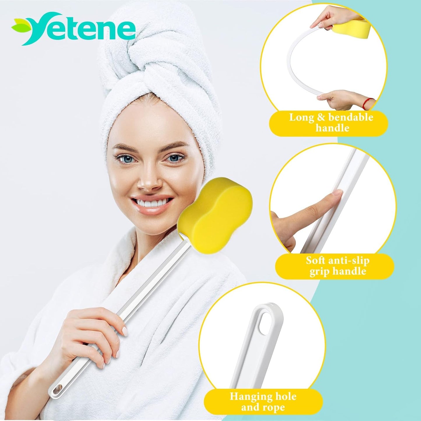 3 Pieces Long Handle Sponge 22.4'' Back Sponge on a Stick Body Brush Handled Washer Scrubber for Foot Body Limited Motion(Yellow)