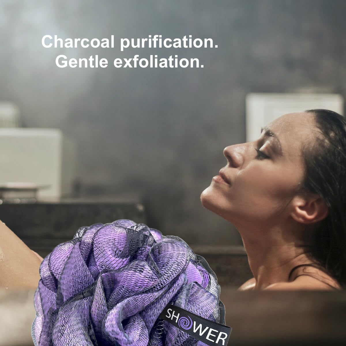 SHOWER BOUQUET Loofah-Charcoal Back-Scrubber & Bath-Sponge Color-Set // 1 Long-Handle-Back-Brush plus 2 Extra Large 75g Soft Mesh Loofa Lufa Loufa Poufs, Men & Women - Exfoliate with Full Pure Cleanse
