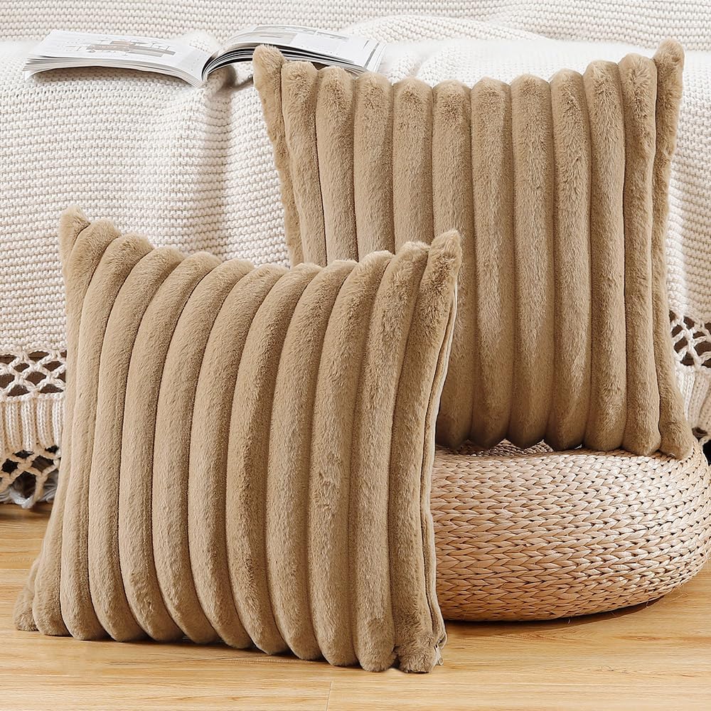 MADIZZ Set of 2 Faux Wool Plush Decorative Throw Pillow Covers 20x20 Inch Camel Fluffy Striped Soft Decorative Cushion Cover for Sofa Bedroom Pillow Shell