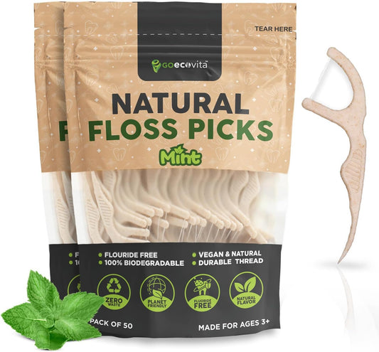 Biodegradable Floss Picks - Natural Straw Wheat Handle | Thin & Durable Thread for Tight Gaps! | Dental Flossers for Adults | Gentle on Gums & Teeth | Eco Friendly, Vegan, Natural (100 Pack, Mint)