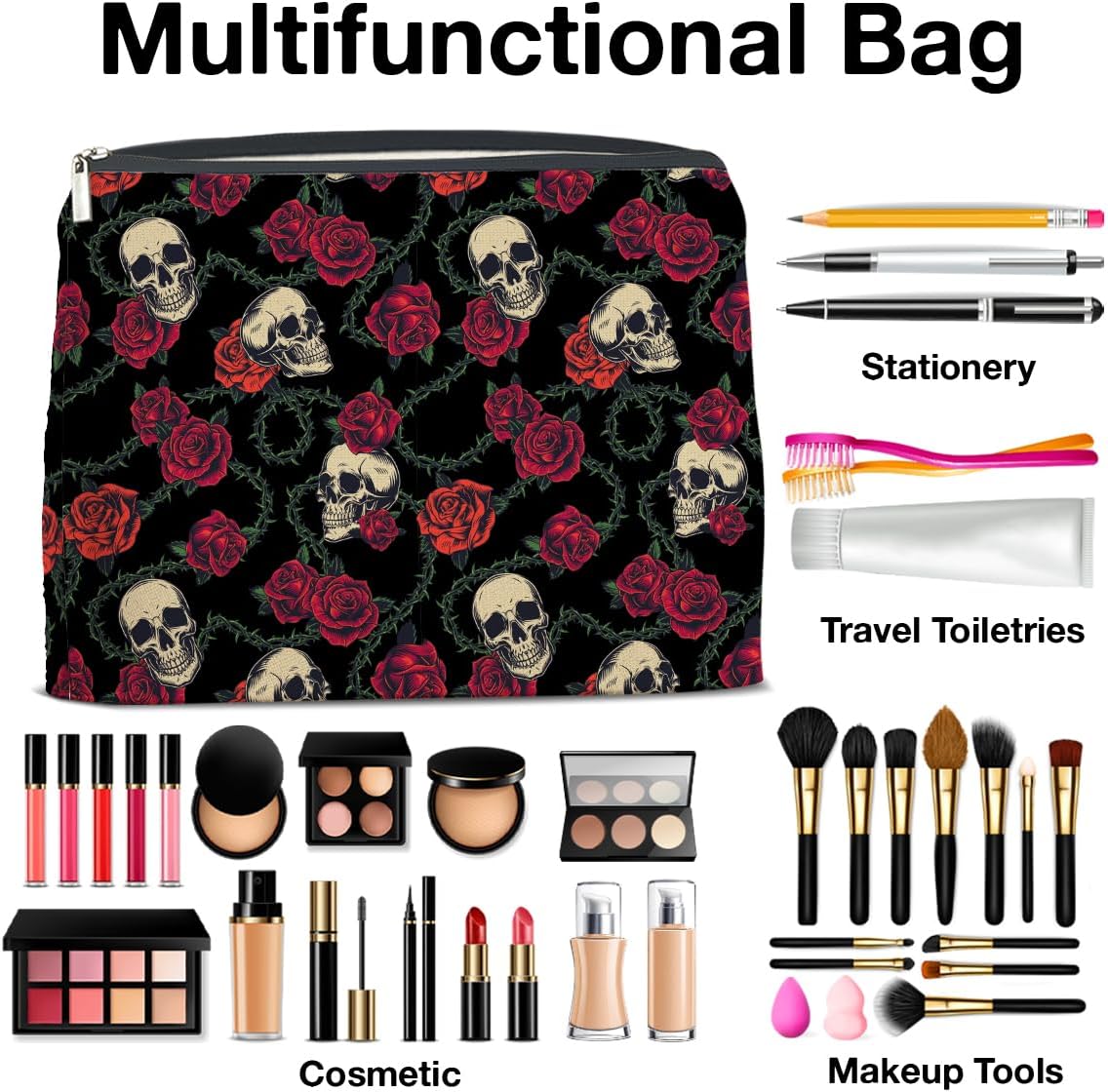 Gothic Rose and Skull Pattern Makeup Bag Gifts for Women Skull Floral Cosmetic Bag Zipper Pouch Travel