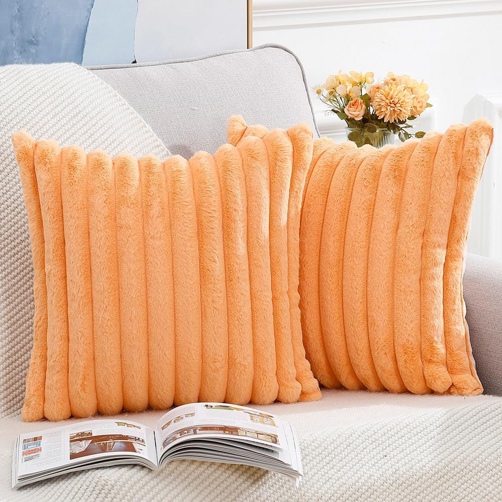 MADIZZ Set of 2 Faux Wool Plush Decorative Throw Pillow Covers 16x16 Inch Orange Fluffy Striped Soft Decorative Cushion Cover for Sofa Bedroom Pillow Shell