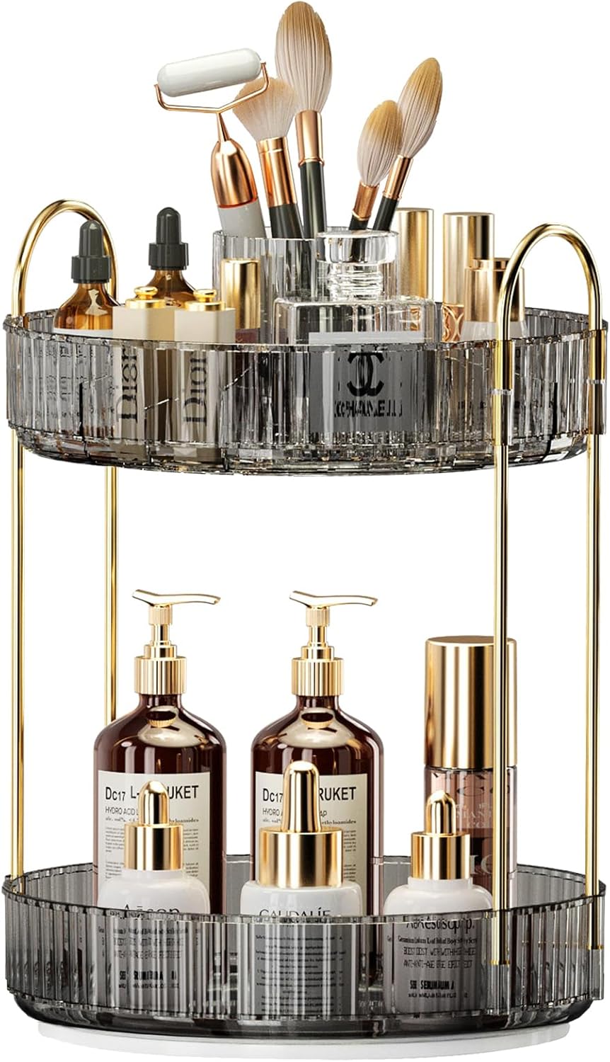 360° Rotating Makeup Organizer, Large-Capacity Skincare Make Up Storage 2 Tier Perfume Organizers Cosmetic Dresser Organizer with Makeup Brush Holder, Fits Bedroom, Bathroom, Vanity Shelf Countertop