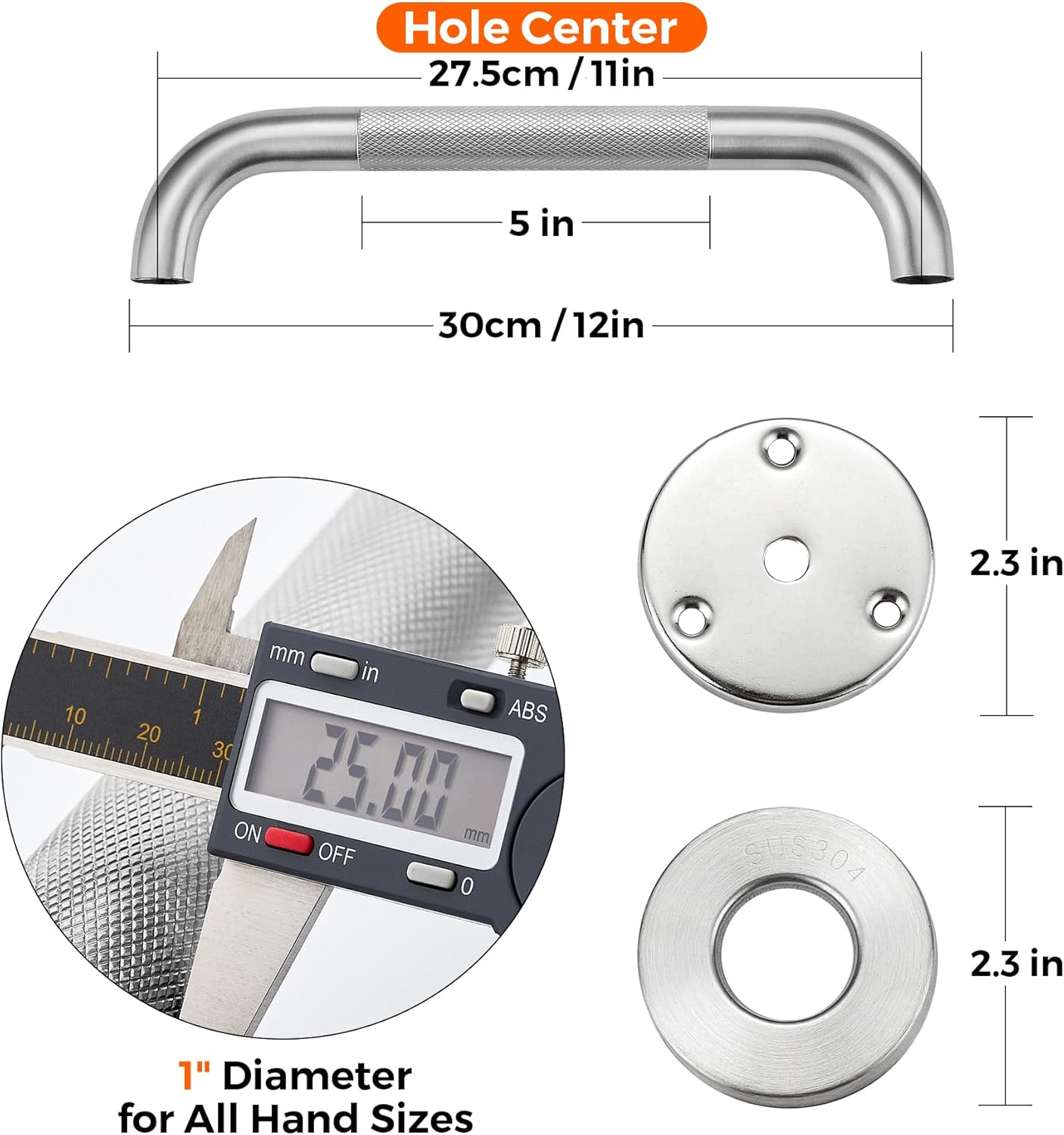 Grab Bars for Shower, 1 Pack 12-Inch Anti Slip Shower Handles for Elderly, Safety Shower Grab Bar, Stainless Steel Handicap Grab Bars for Bathroom,Toilet (Brushed Nickel, 1" Diameter)