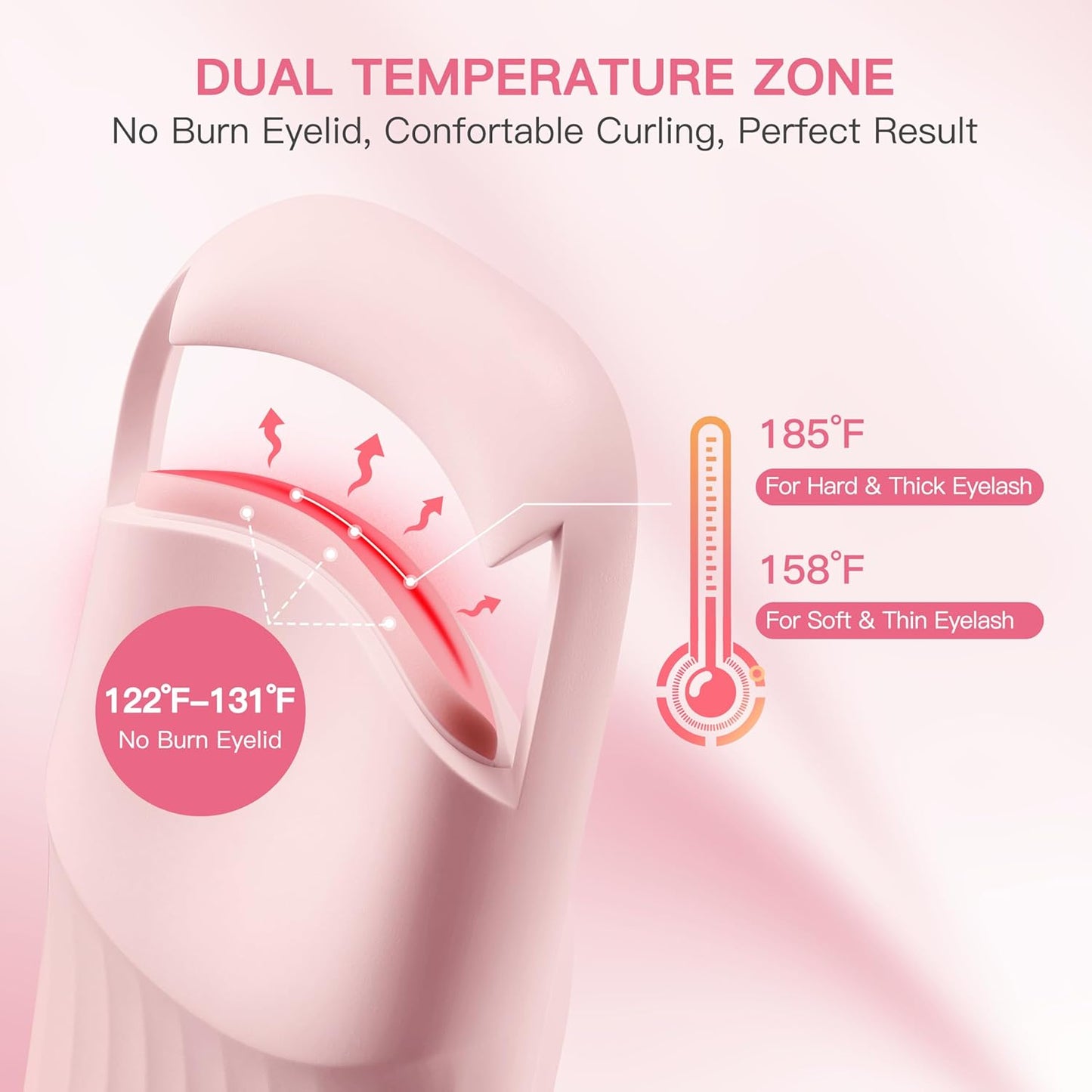 Heated Eyelash Curler Innovative, QuickCurl 2S Heat Up, Naturally Lash Curler 70°C/85°C Adjustable Heat, Safe Food-Grade Silicone, 600mAh Battery Portable Size for Travel (Pink)