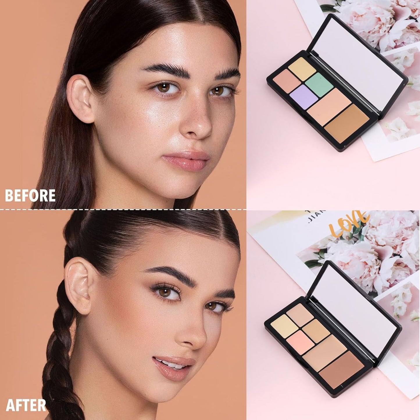 6 Colors Correcting Concealer Palette, 6 In 1 Contour Palette with 2 Packs Brush, Makeup Palette Contouring Foundation Color Corrector Palette, Color Corrector for Dark Circles, Blemish, Acne