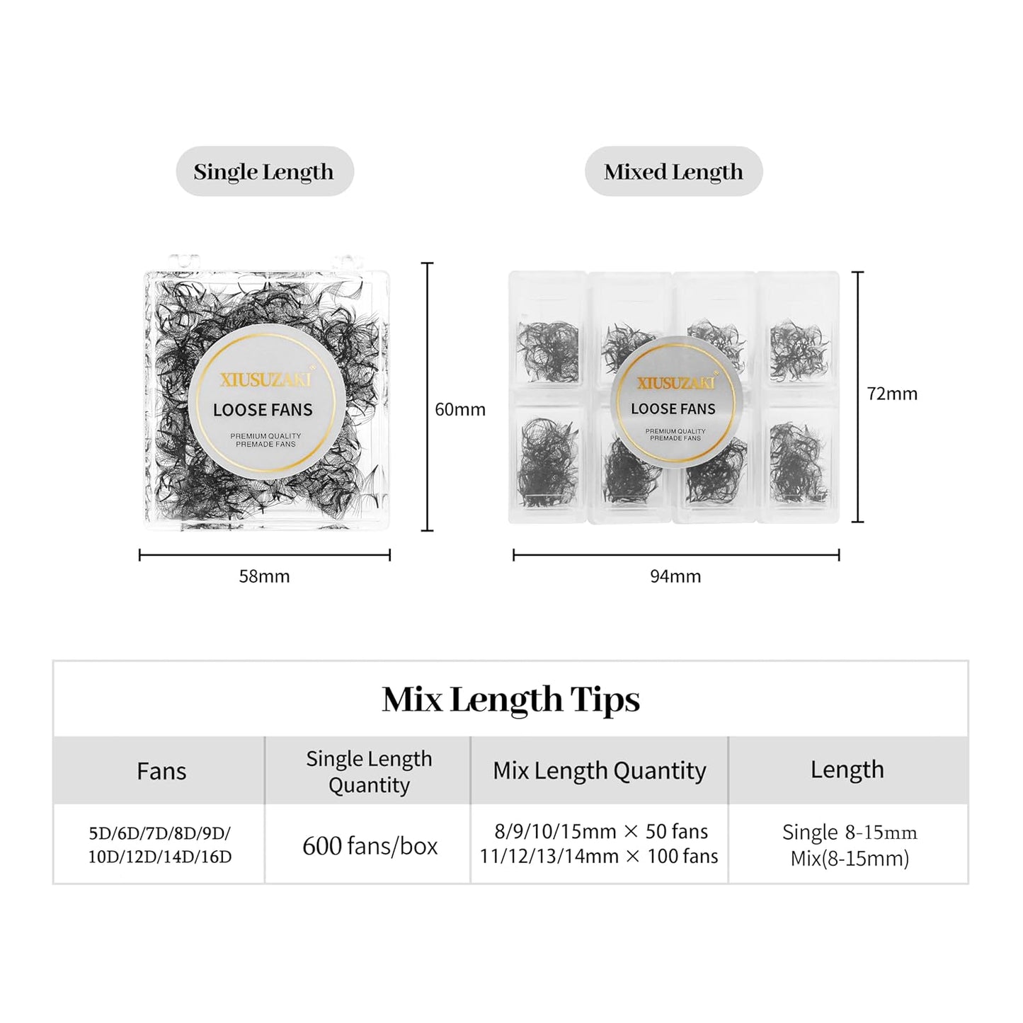Premade Lash Fans Mix 8-15mm - 600 Fans, 20D Volume, 0.03mm Thickness, C Curl Eyelash Extensions