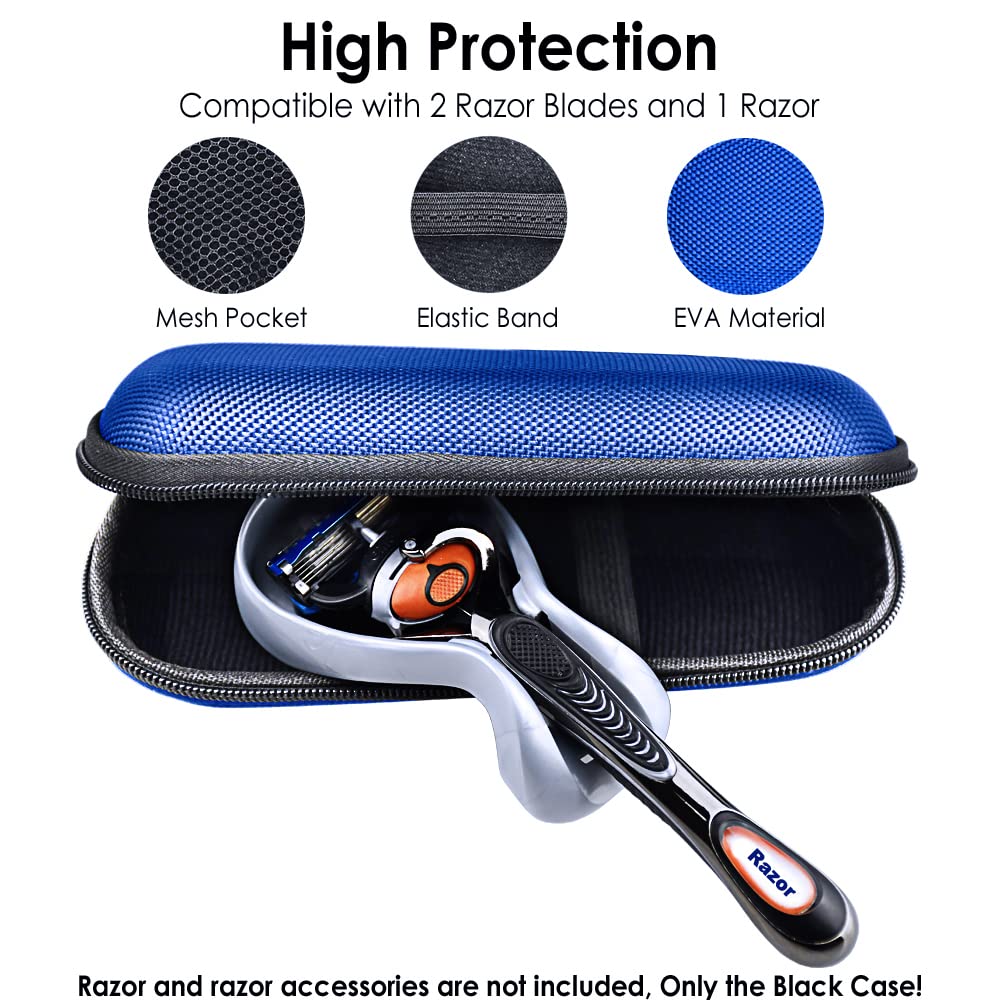 Hard EVA Razor Travel Case Compatible with Gillette Men's Razor - Mesh Pocket for 2 Razor Blades + Lightweight Carrying Handle + Durable Zipper (Only Case) (Blue)