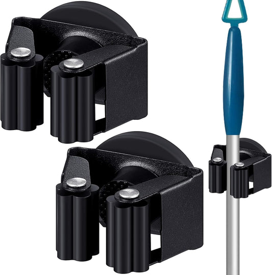 2 Pcs Magnetic Mop Broom Holder Movable Magnetic Broom Holder Rack, Anti Slip Wall Mounted Utility for Cleaning Tools, Garage, Kitchen, Laundry, Garden (Black)