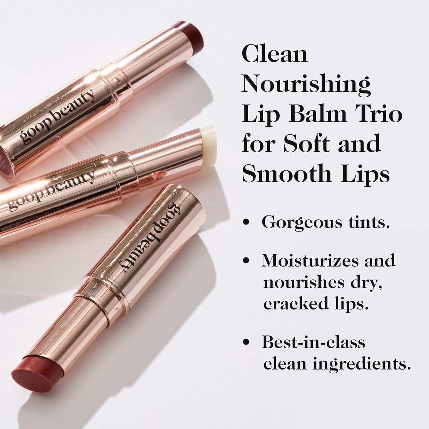 goop Beauty Lip Balm Trio | Clean Moisturizer for Chapped, Cracked & Dry Lips | Clear, Garnet, & Rose | Tinted for Sheer Color | Petroleum Free | 0.16 fl oz Each