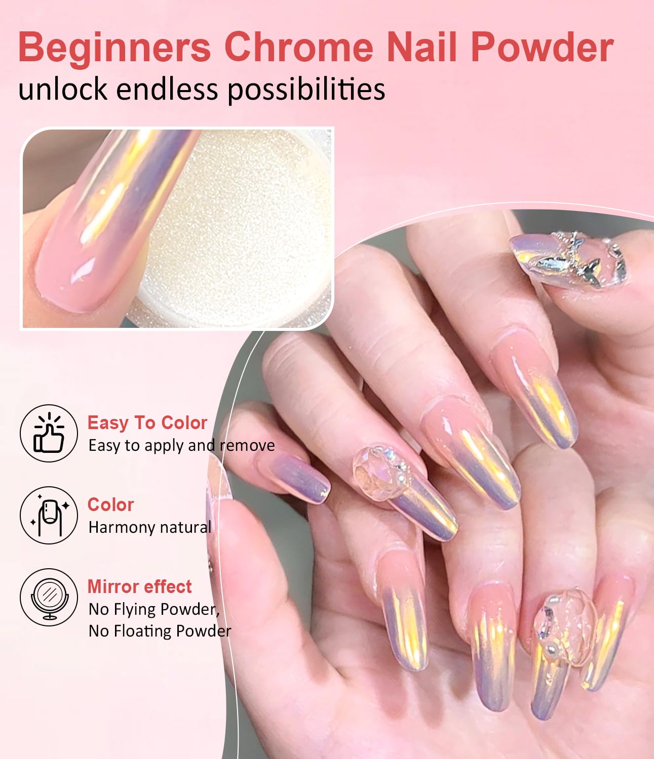Gold Chrome Nail Powder BISHENGYF -【Magic Mirror Effect】 Pearl Chrome Nail Powder Aurora Mermaid Iridescent White Roas Gold Nail Chrome Powder Pigment Glitter Dust for Manicure Decroation DIY