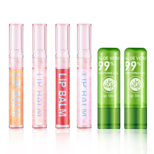 4 Pcs Shiny Lip Gloss Set,Non-sticky Long Lasting Moisturizing Lip Glow Oil Makeup Set with 2 Aloe Vera Color Changing Lipsticks for Women,Tinted Lip Balm & Lip Plumping Lip Gloss Set