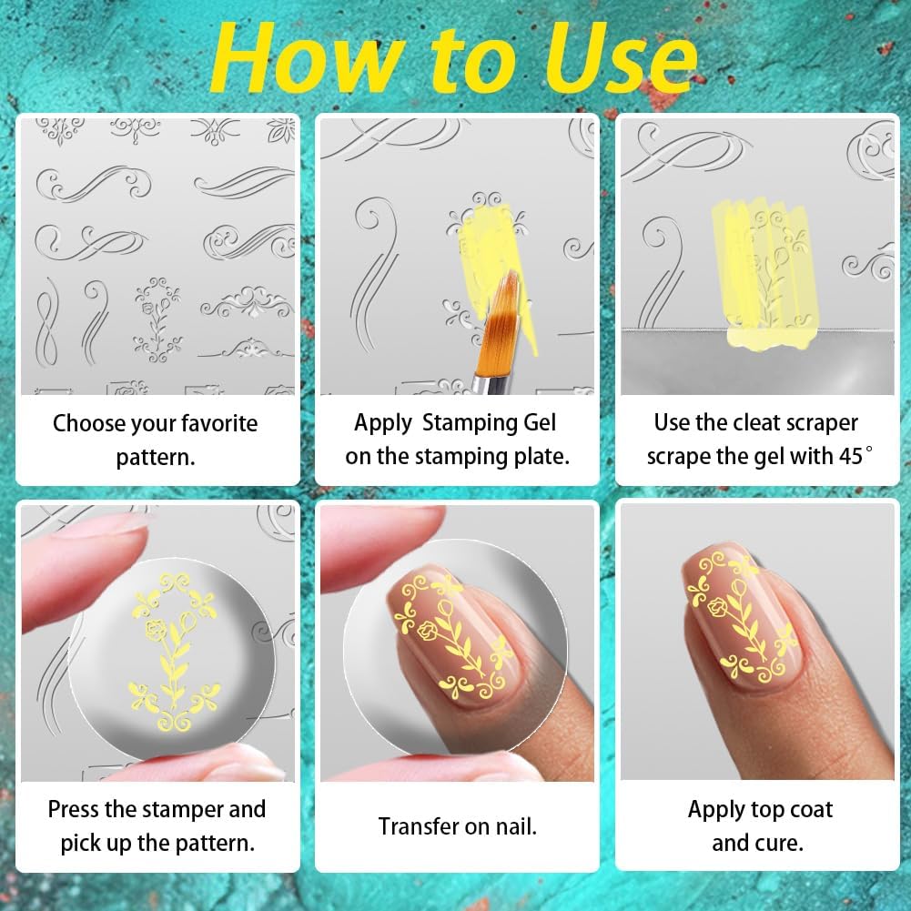 3Pcs Tulip Nail Stamping Plate Set Floral Irregular Geometric Frames Steel Nail Stamp Templates Clear Silicone Nails Stamping with Stamper Scraper for Manicure Printing