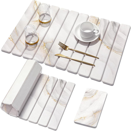 2 PCS Large Stone Dish Drying Mat for Kitchen Counter,Quick Dry Stone Dishes Mats,Marbled Water Absorbing Diatomaceous Earth Drying Pad for Countertop Bottles Utensils Cups(Gold White 24"x16"&8"x4")
