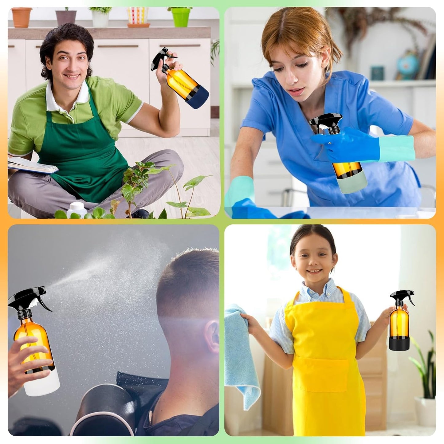 3 Pack/16 Oz Glass Spray Bottles, Refillable Empty Containers with Silicone Sleeve, Upgraded Adjustable Nozzle Spray Bottle Sets for Cleaning, Essential Oils, Hair (Amber)