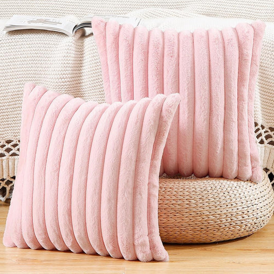 MADIZZ Set of 2 Faux Wool Plush Decorative Throw Pillow Covers 22x22 Inch Pink Fluffy Striped Soft Decorative Cushion Cover for Sofa Bedroom Pillow Shell