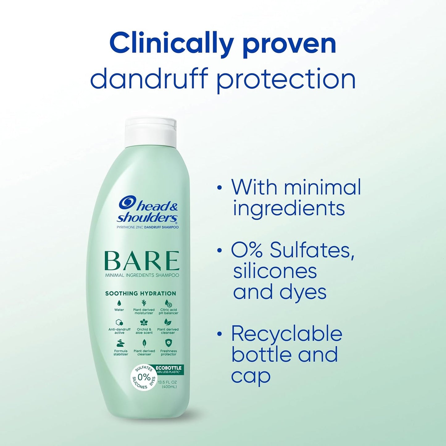 Head & Shoulders BARE Dandruff Shampoo Twin Pack, Soothing Hydration, Sulfate-Free, Silicone-Free, Dye-Free, Eco-Friendly Bottles, Safe for All Hair Types, 13.5 Fl Oz Each (Set of 2)