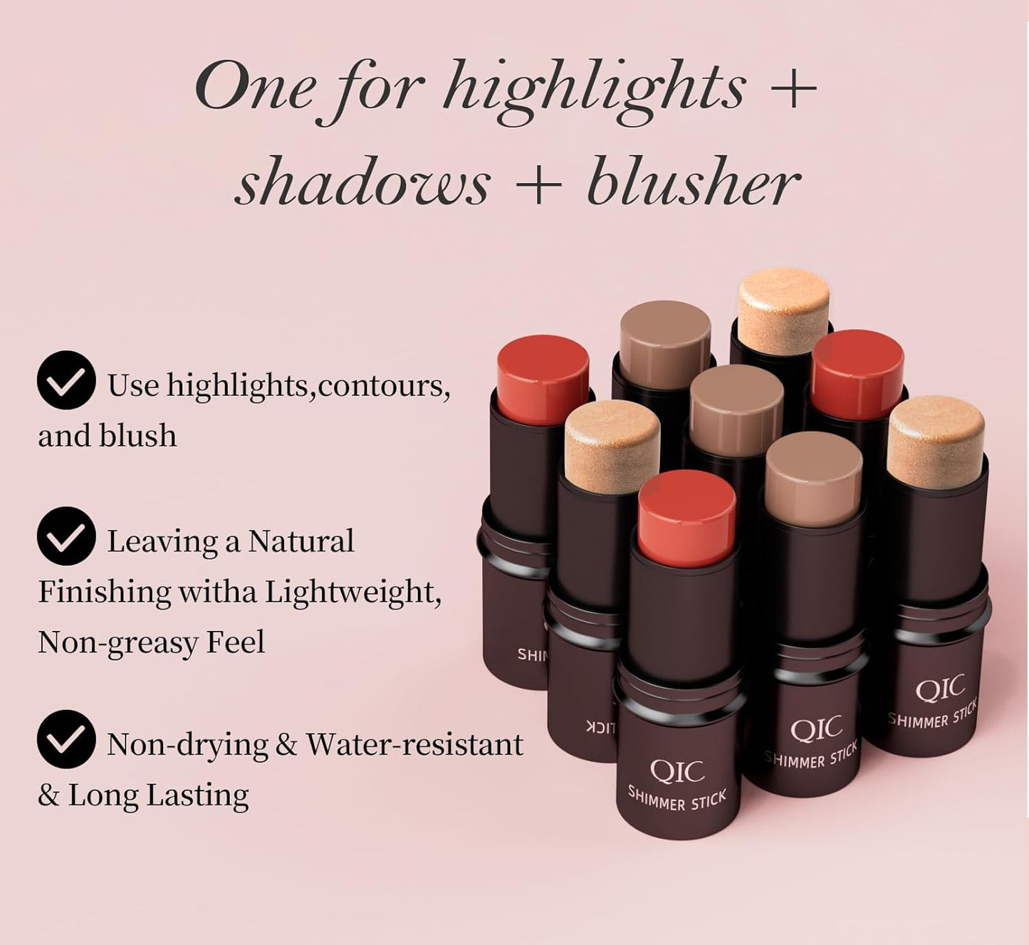 3 Colors Multi-Function Stick Set 3D Face Highlight Shadow Blush Stick, Highlighter Stick, Shimmer Cream Powder, Lasting Glow Finish, Creamy Self Sharpening Crayon Highlighter (3 In1)