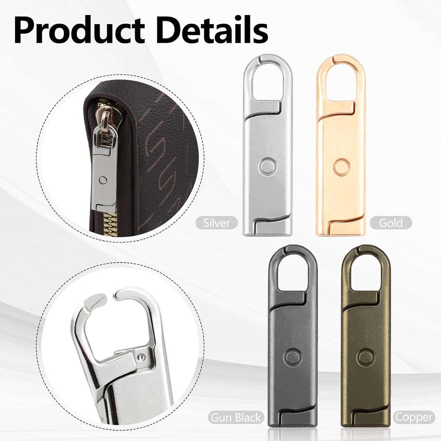 Zipper Pull Replacement (Upgraded)，8 Pcs Detachable Replacement Zipper Pull Tabs for Luggage Clothing Jackets Backpacks Boots Purse Coat(Silver, Bronze, Gold, Gun Black)