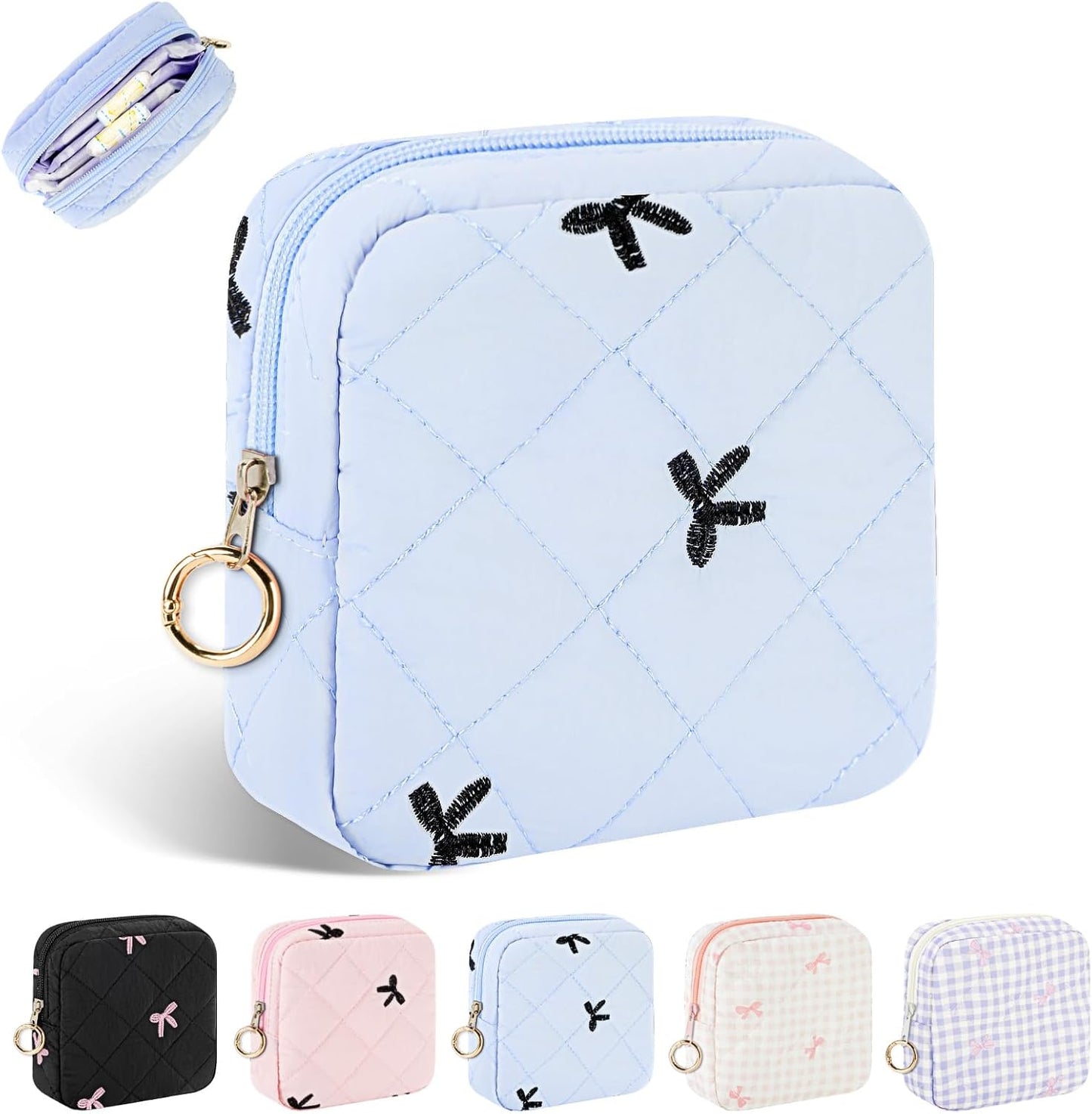 Period Bag for Teen Girls, Quilted Sanitary Napkin Storage Bag, Cute Bow Tie Menstrual Pad Pouch Tampon Holder (Blue)