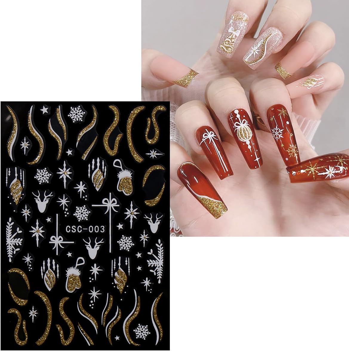 JMEOWIO 8 Sheets Christmas Glitter Nail Art Stickers Decals Self-Adhesive Snowflake Winter Holiday Cute Nail Supplies Nail Art Design Decoration Accessories