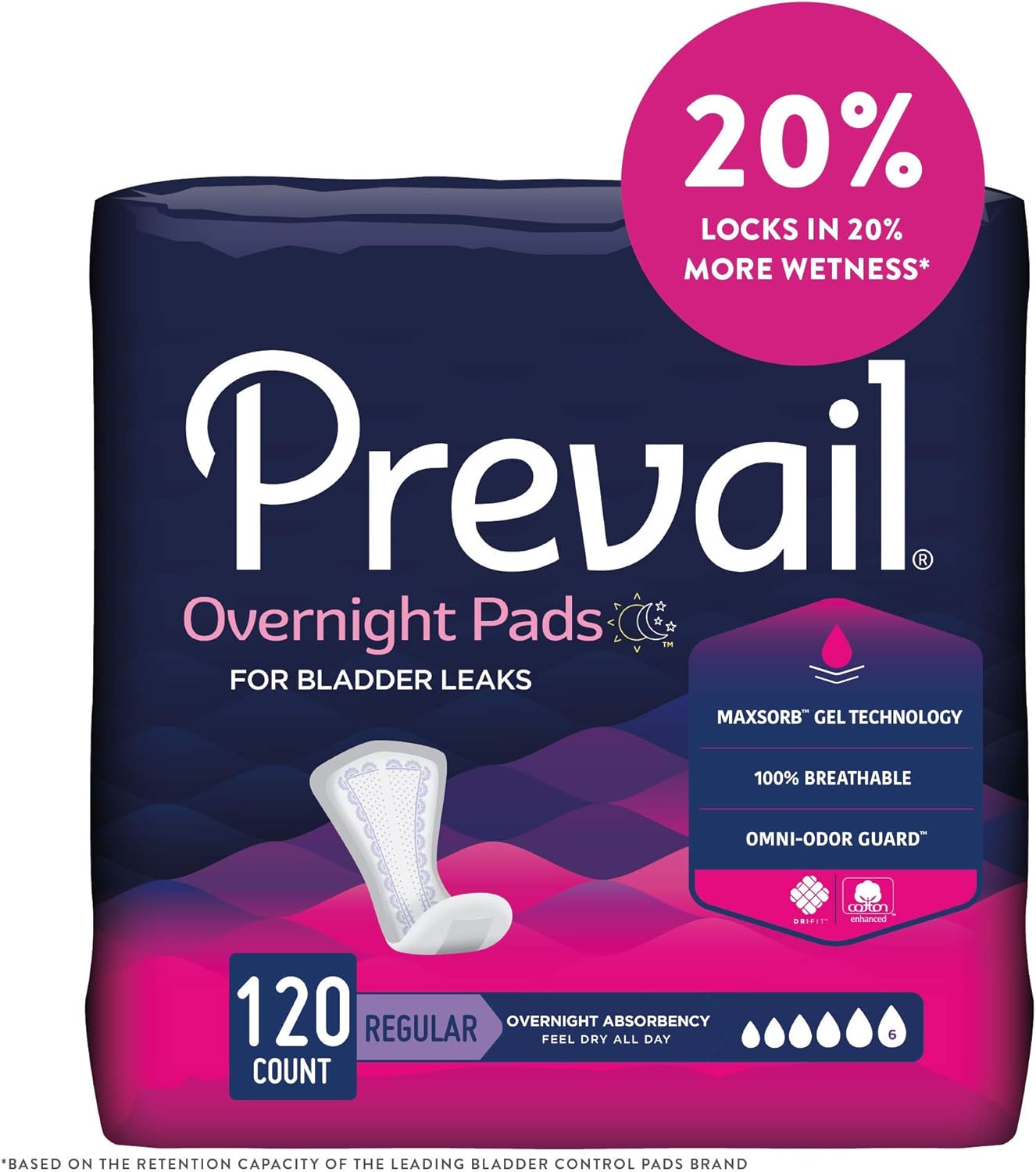 Prevail Proven - Incontinence Bladder Control Pads - Bladder Leak Pads - Overnight Absorbency, 120 Count (4 Packs of 30)