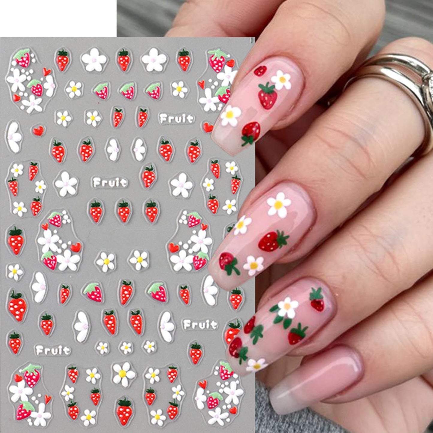 5 Sheets Autumn Winter Flower Nail Art Stickers 3D Self-Adhesive Nails Stickers Floral Strawberry Daisy Pattern French Tip Design Wine Red Brown Blue Gold 3D Decals Women DIY Nail Art Decoration