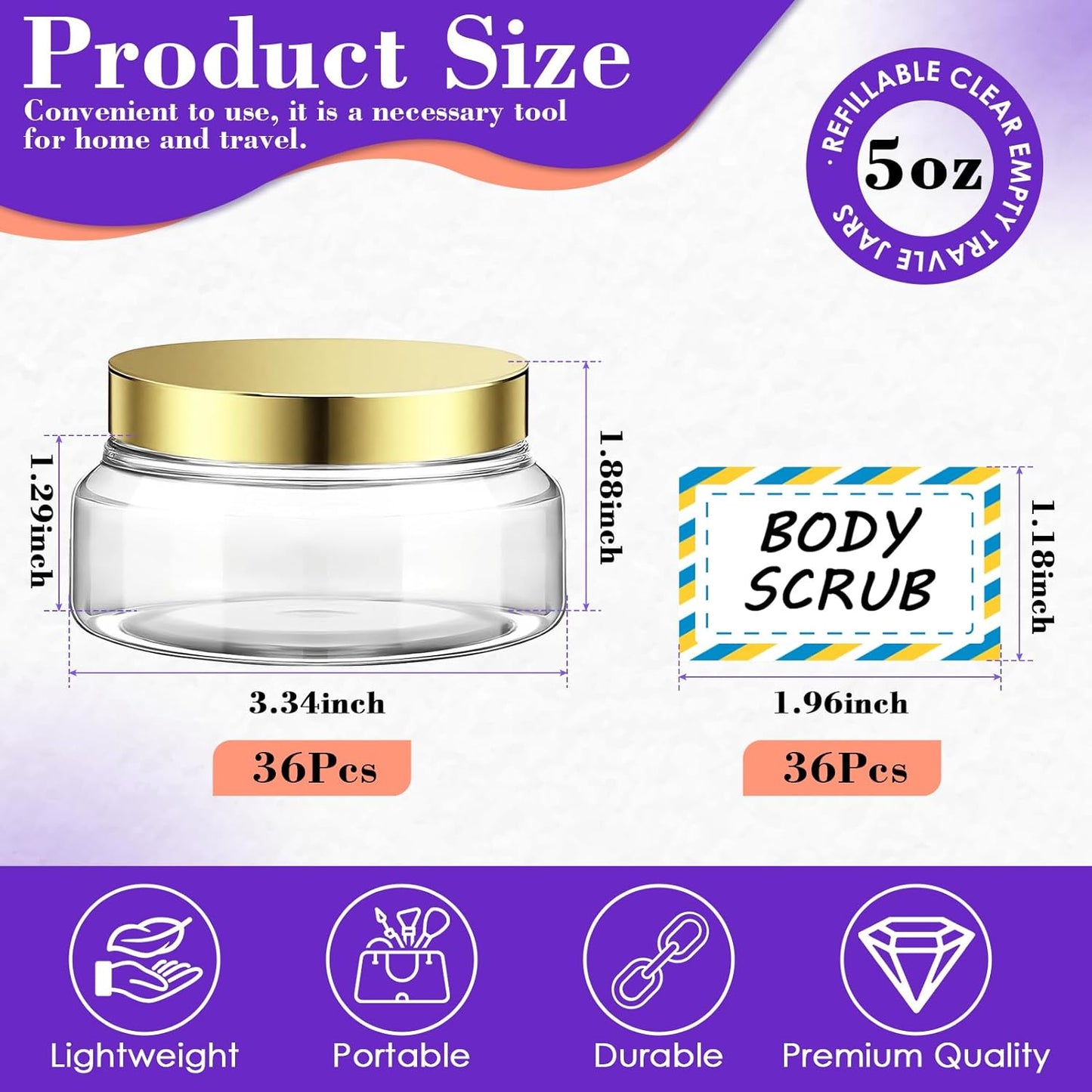 36 Pack 5 oz Amber Plastic Cosmetic Containers With Lids Refillable Clear Empty Travle Jars Containers for Body Butter,Sugar Scrubs,Cream,Lotions,Candy, Waterproof Label&Spatulas - (Black Lid)